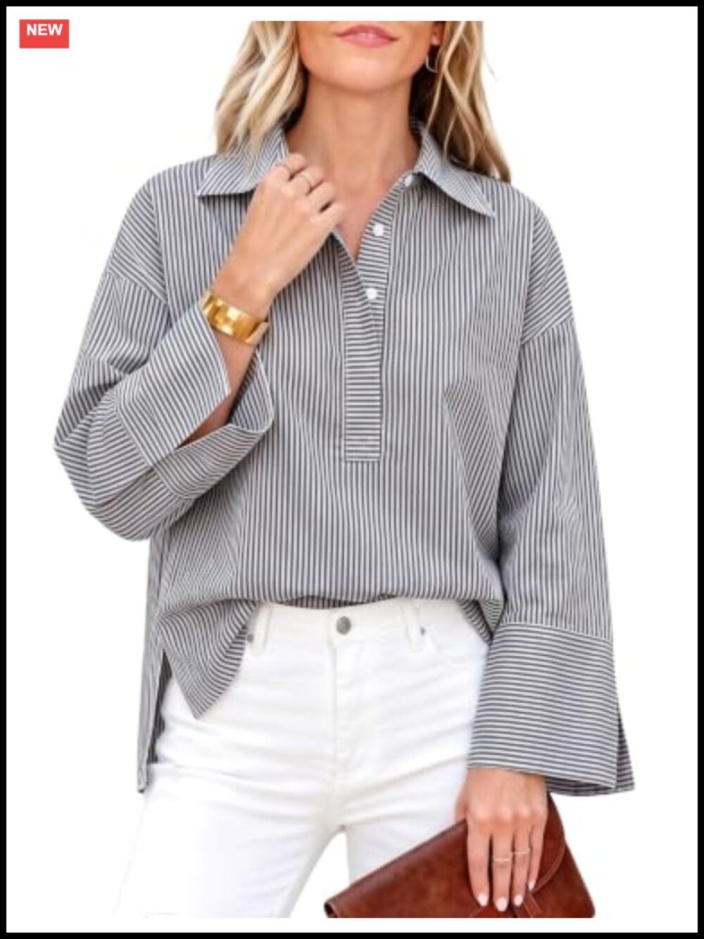 Women Button Down Shirt Striped Henley Bell Sleeve Cotton Blend Blouse